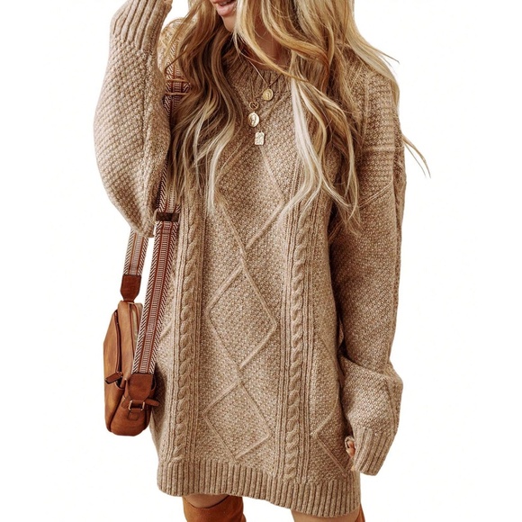 Cozy Solid Cable Knit Oversized Sweater Dress - Picture 8 of 9